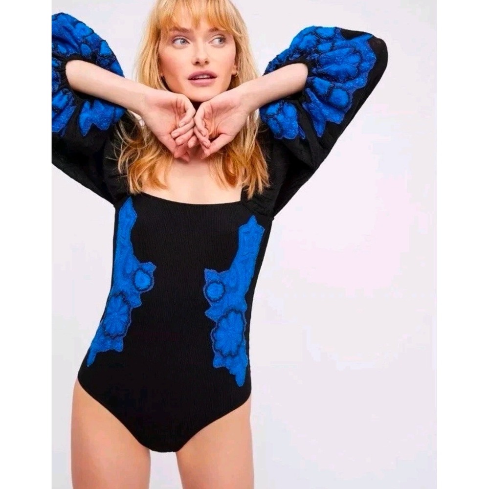 Free People Intimately Floral Lace Puff Sleeve Bodice Black Blue XS OB1003666